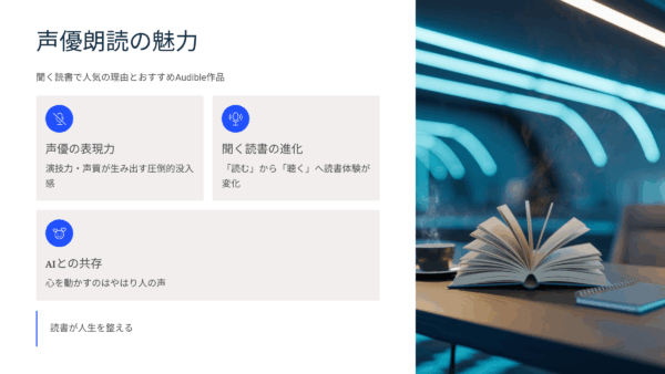 声優朗読の口コミ・評判・レビュー｜聞く読書で人気の理由とおすすめAudible作品10選