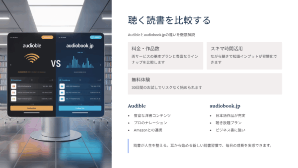 聞く読書 比較｜Audibleとaudiobook.jpの口コミ・評判・レビューで分かる本当の違い